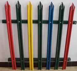 PVC coated palisade fencing in green, yellow, blue and red